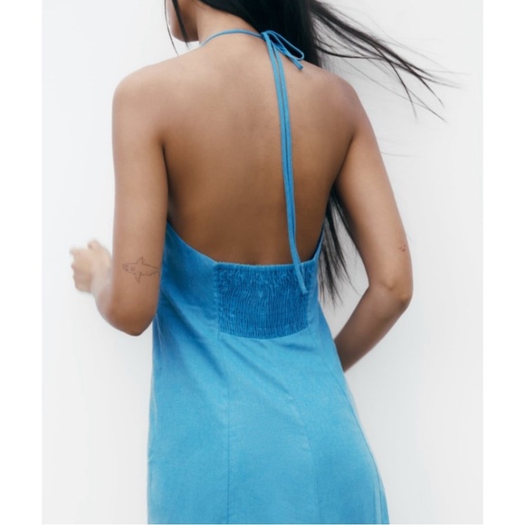 ZARA | NWT Linen Blend Halter Midi Dress in Sky Blue, Size Small - Picture 11 of 12